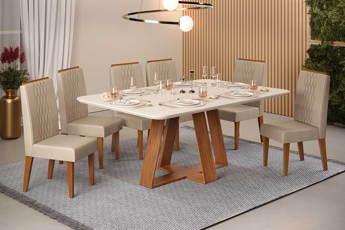 Sala de Jantar Completa Celeste c/ Tampo Madeirado c/ Vidro Curvo 160x90cm e 6 Cadeiras Lia - DJ Móveis