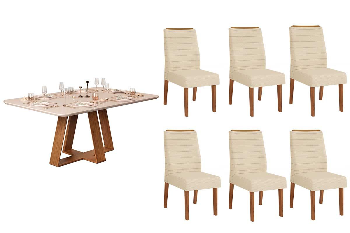 Sala de Jantar Completa Celeste c/ Tampo Madeirado c/ Vidro Curvo 160x90cm e 6 Cadeiras Ondina - DJ Móveis