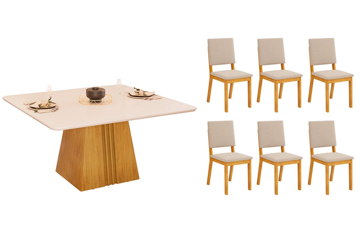 Sala de Jantar Completa Itália c/ Tampo Madeirado c/ Vidro Curvo 136x136cm e 6 Cadeiras Talia - DJ Móveis