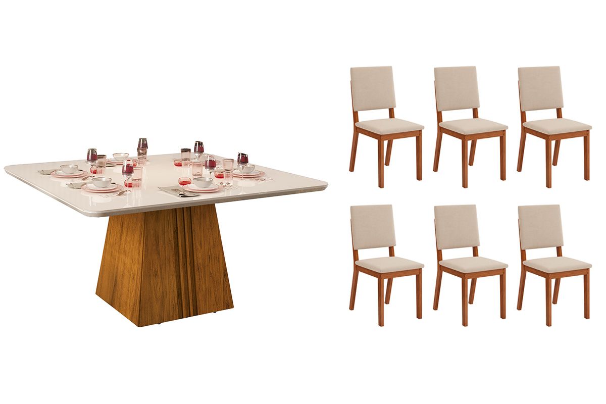 Sala de Jantar Completa Itália c/ Tampo Madeirado c/ Vidro Curvo 136x136cm e 6 Cadeiras Talia - DJ Móveis