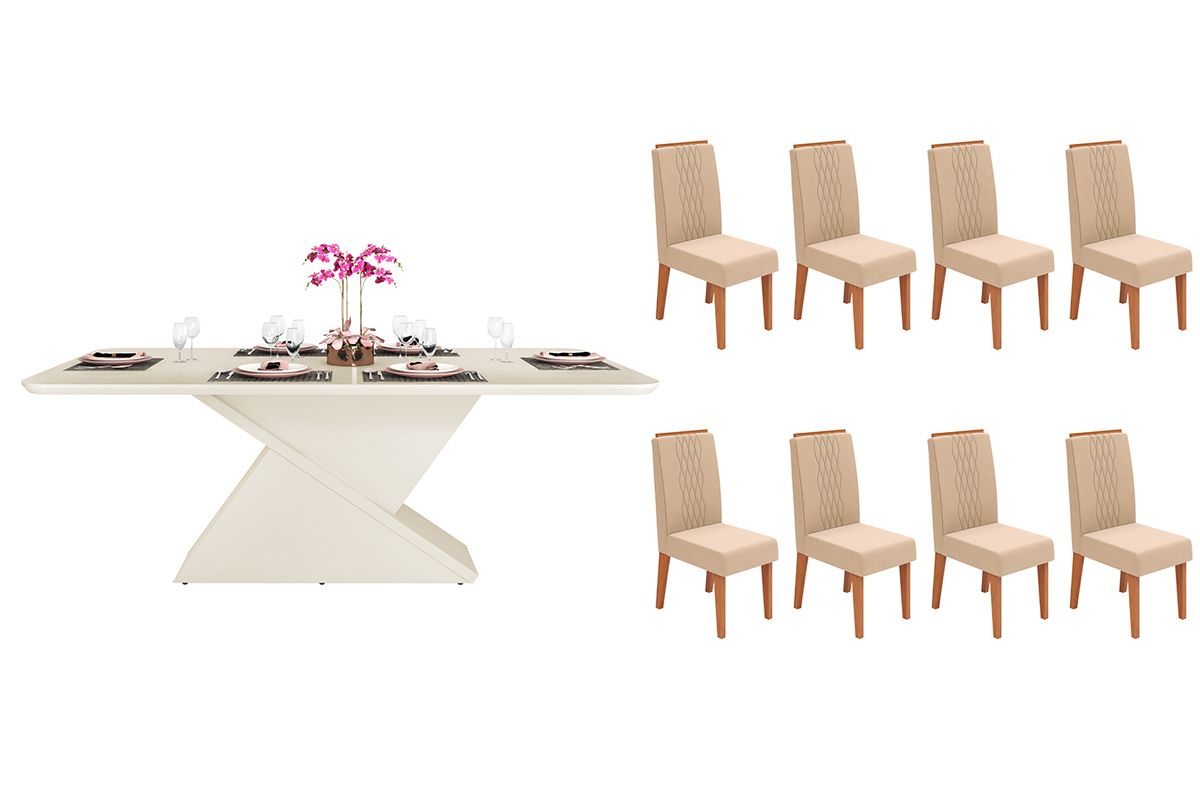 Sala de Jantar Completa Zafira c/ Tampo Madeirado c/ Vidro Curvo 200x100cm e 8 Cadeiras Lia - DJ Móveis