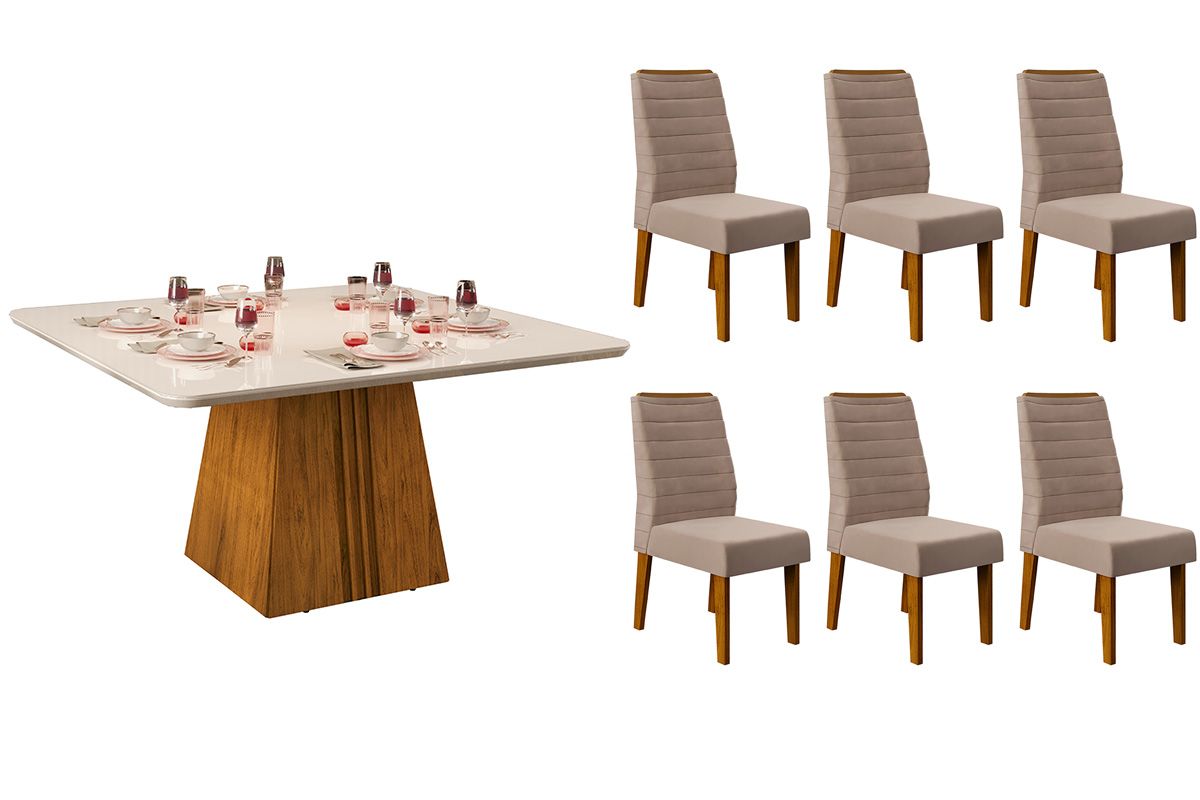 Sala de Jantar Completa Itália c/ Tampo Madeirado c/ Vidro Curvo 136x136cm e 6 Cadeiras Ondina - DJ Móveis