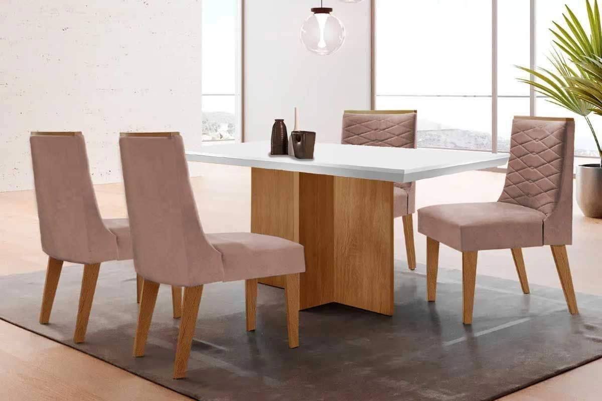 Sala Jantar Mesa Berlim Tampo c/ Vidro Curvo 90cm+4 Cadeiras Maldivas Madeira - Rufato