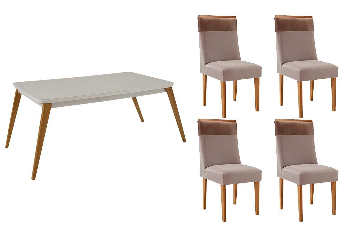 Sala Jantar Mesa Havana Tampo c/ Vidro Curvo 120cm+4 Cadeiras Jaspe Madeira - Rufato