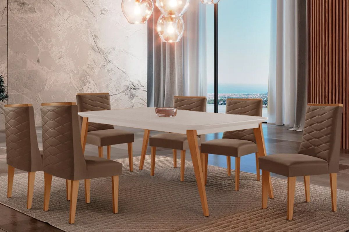 Sala Jantar Mesa Havana Tampo c/ Vidro Curvo 180cm+6 Cadeiras Dafne Madeira - Rufato