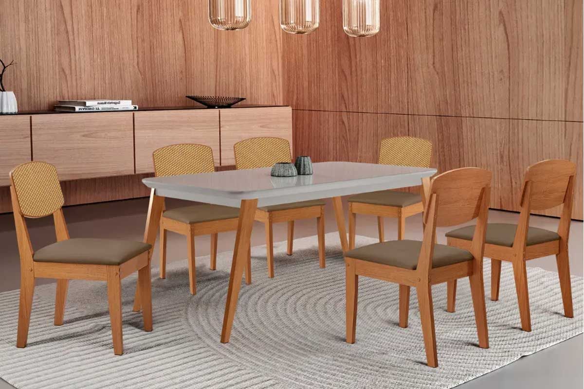 Sala Jantar Mesa Havana Tampo c/ Vidro Curvo 180cm+6 Cadeiras Havana - Rufato