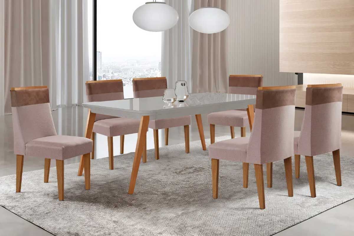 Sala Jantar Mesa Havana Tampo c/ Vidro Curvo 180cm+6 Cadeiras Jaspe Madeira - Rufato