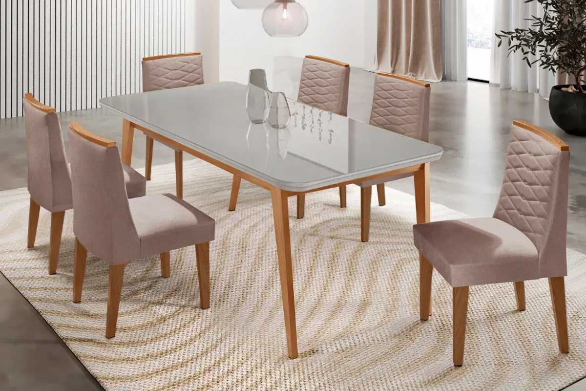 Sala Jantar Mesa Havana Tampo c/ Vidro Curvo 180cm+6 Cadeiras Maldivas Madeira - Rufato