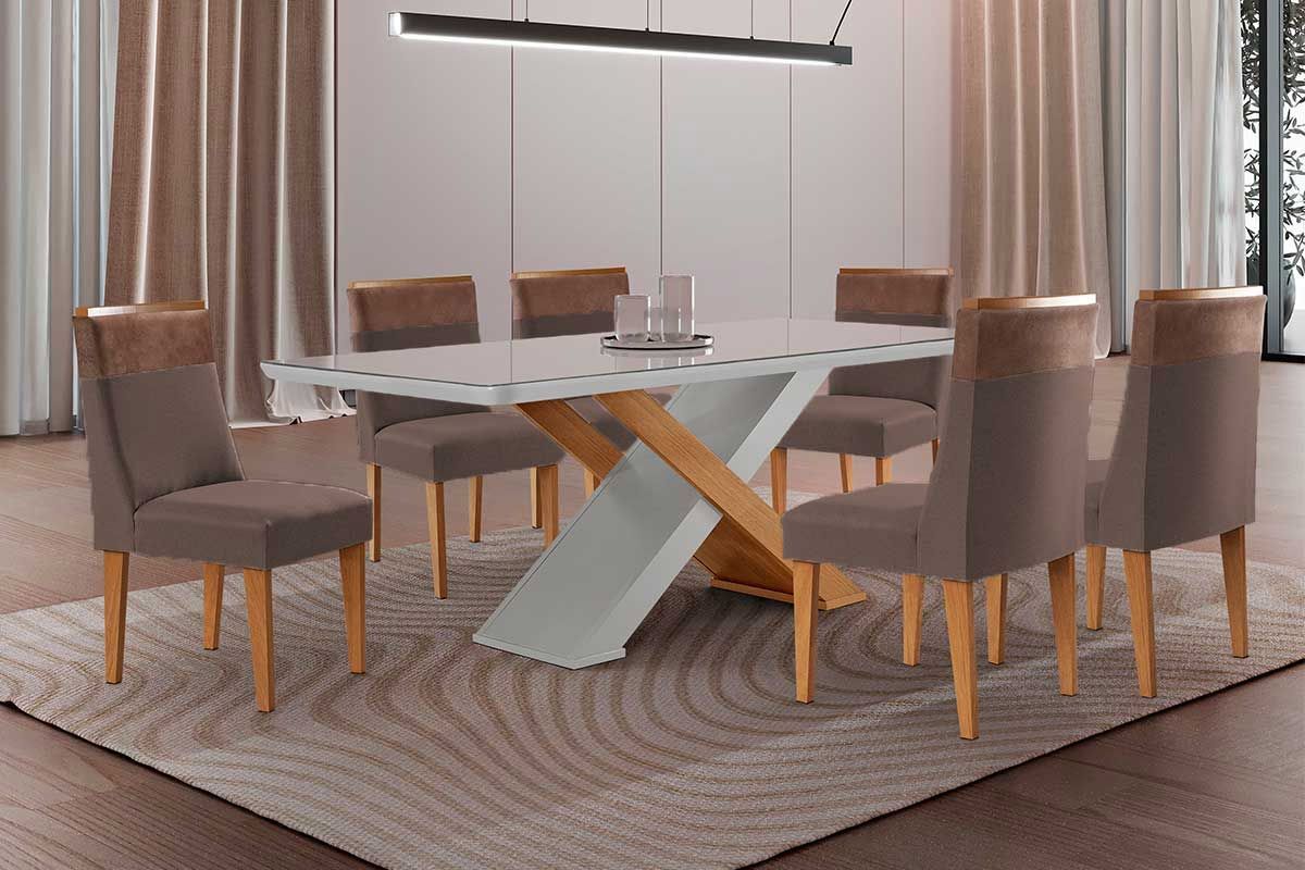 Sala Jantar Mesa Imperatriz Tampo c/ Vidro Curvo 180cm+6 Cadeiras Jaspe Madeira - Rufato