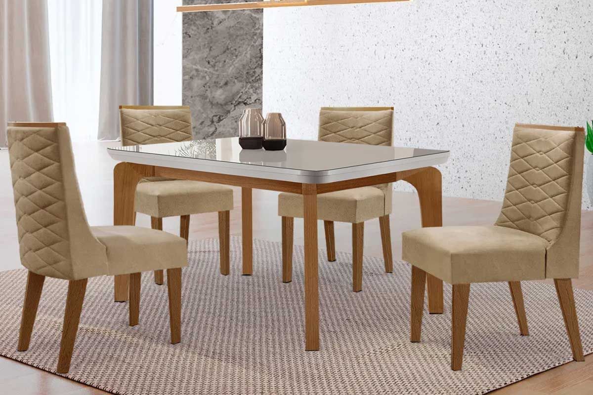 Sala Jantar Mesa Londrina Tampo c/ Vidro Curvo 120cm 4 Cadeiras Dafne Madeira - Rufato