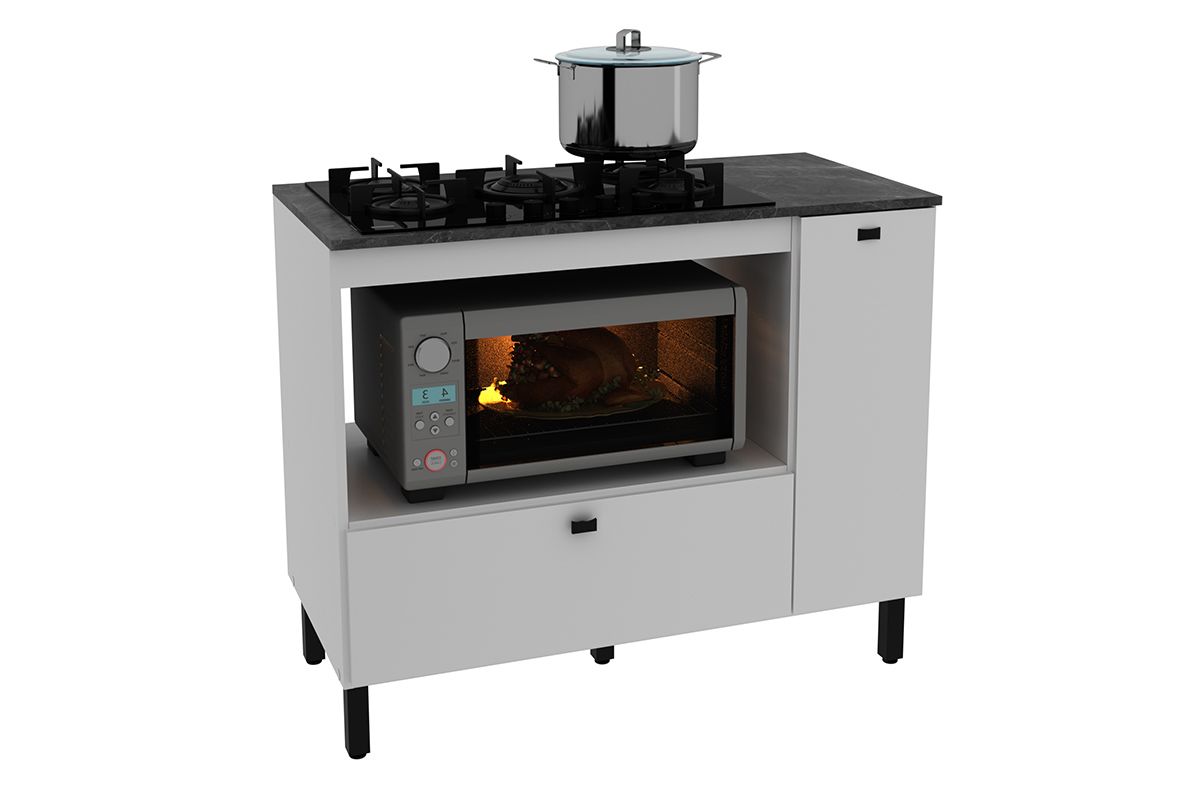 Balcão Cozinha Tecno Mobili p/ Cooktop c/Tampo BL3316 c/2 Portas e 1 Nicho 100cm Amêndoa/Marmore Lunar