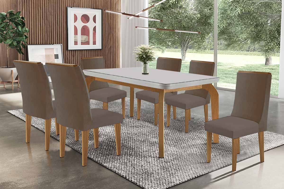 Sala de Jantar Completa Londrina c/ Tampo Madeirado c/ Vidro Canto Curvo 180x90cm e 6 Cadeiras Dakota Madeira Maciça - Rufato