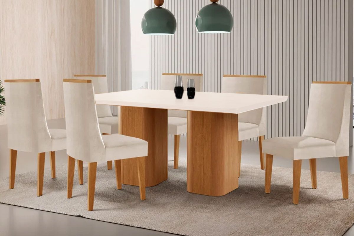 Sala Jantar Mesa Maldivas Tampo c/ Vidro Curvo 180cm+6 Cadeiras Dakota Madeira - Rufato