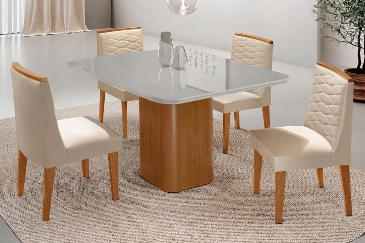 Sala Jantar Mesa Maldivas Tampo c/ Vidro Curvo 90cm+4 Cadeiras Maldivas Madeira - Rufato