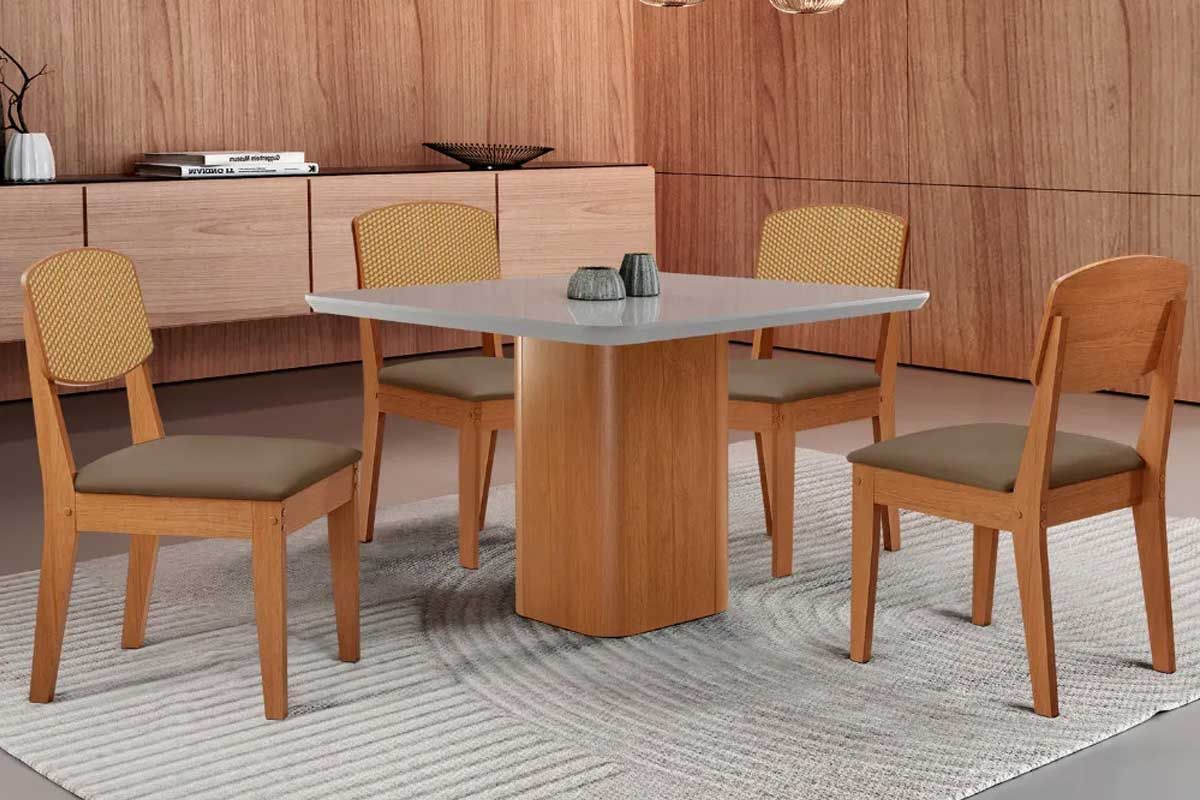 Sala Jantar Mesa Maldivas Tampo c/ Vidro Curvo 90cm+4 Cadeiras Havana - Rufato