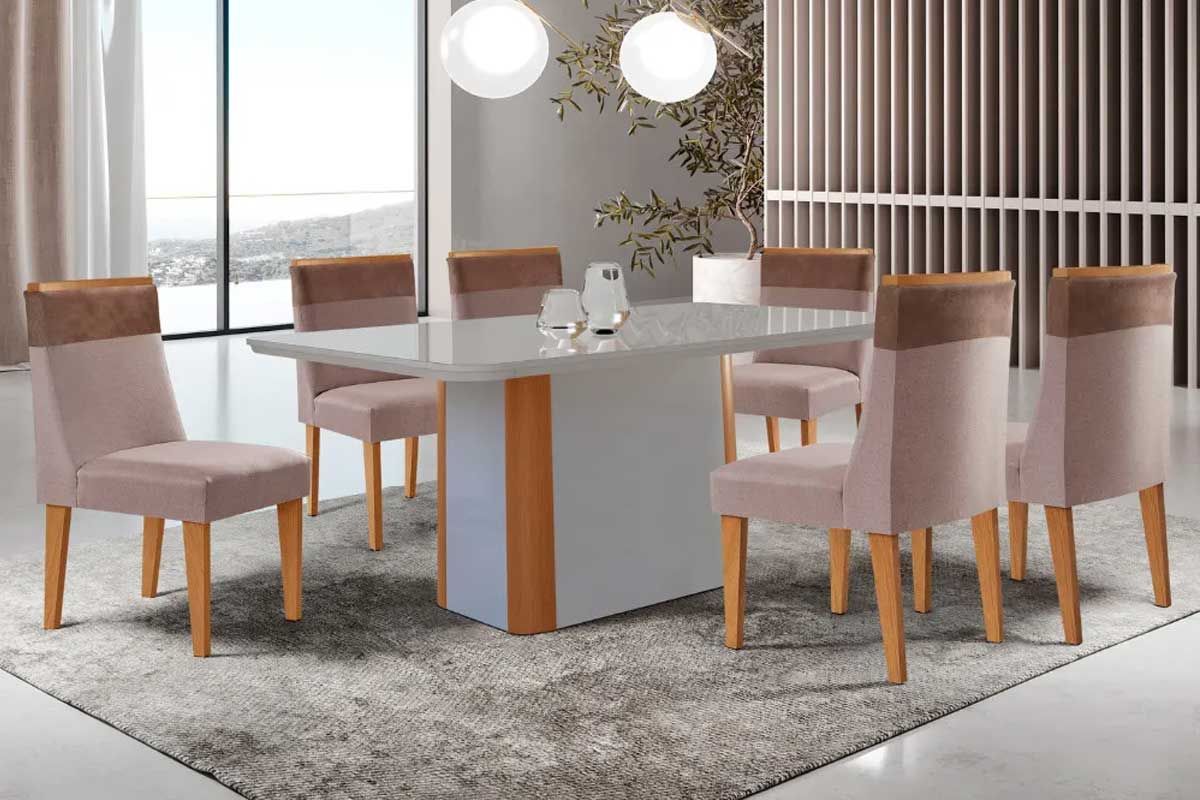 Sala Jantar Mesa Pietá c/ Tampo Madeirado c/ Vidro Canto Curvo 180x90cm e 6 Cadeiras Jaspe - Rufato
