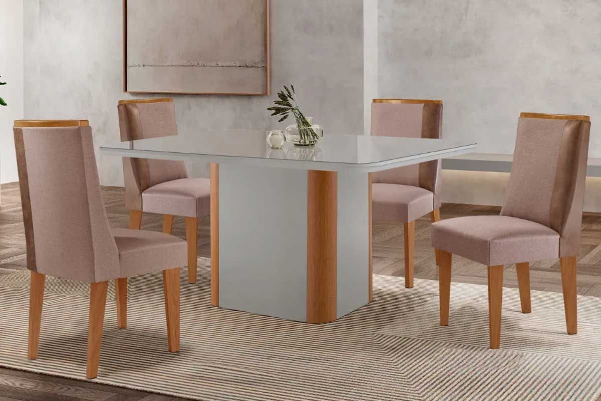 Sala Jantar Mesa Pietá c/ Tampo Madeirado c/ Vidro Canto Curvo 120x80cm e 4 Cadeiras Tilia - Rufato