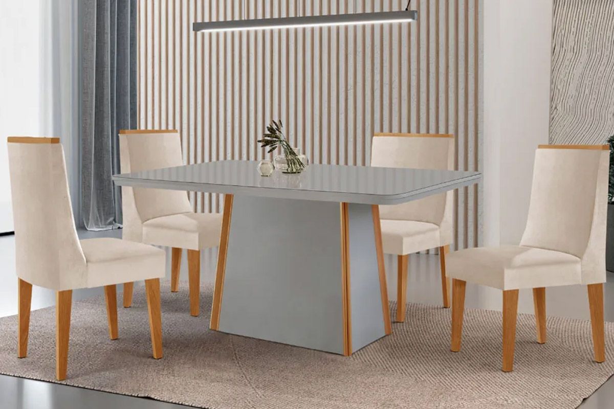 Sala Jantar Mesa Tilia c/ Tampo Madeirado c/ Vidro Canto Curvo 120x80cm e 4 Cadeiras Dakota - Rufato