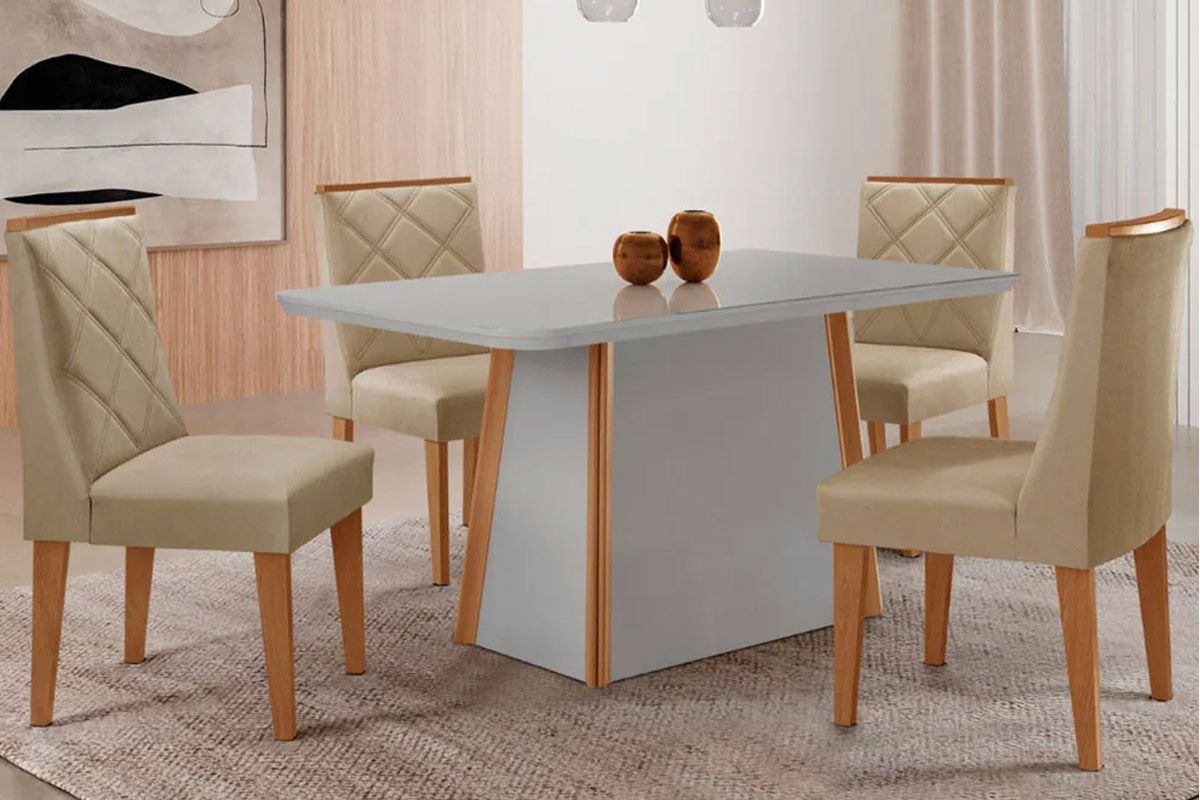 Sala Jantar Mesa Tilia c/ Tampo Madeirado c/ Vidro Canto Curvo 120x80cm e 4 Cadeiras Pietá - Rufato