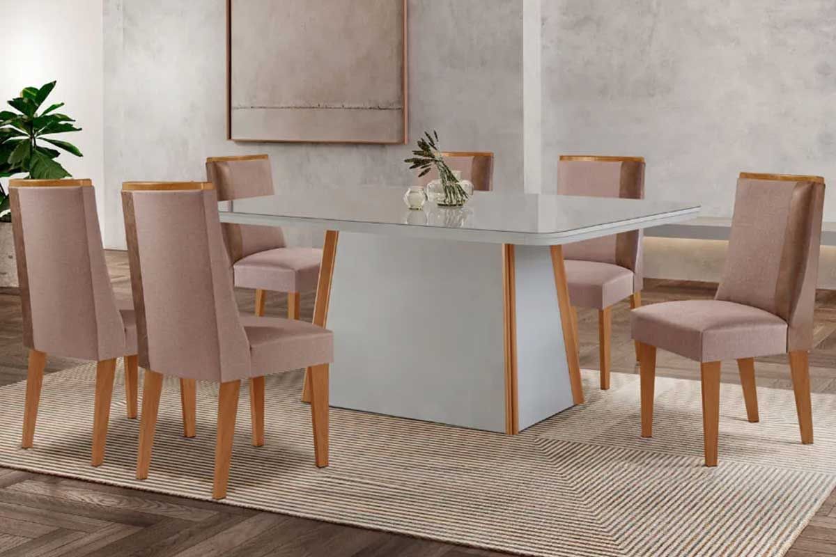 Sala Jantar Mesa Tilia Tampo c/ Vidro Curvo 180cm+6 Cadeiras Tilia - Rufato
