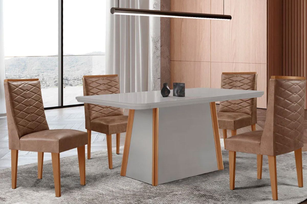 Sala Jantar Mesa Tilia c/ Tampo Madeirado c/ Vidro Canto Curvo 120x80cm e 4 Cadeiras Dafne - Rufato