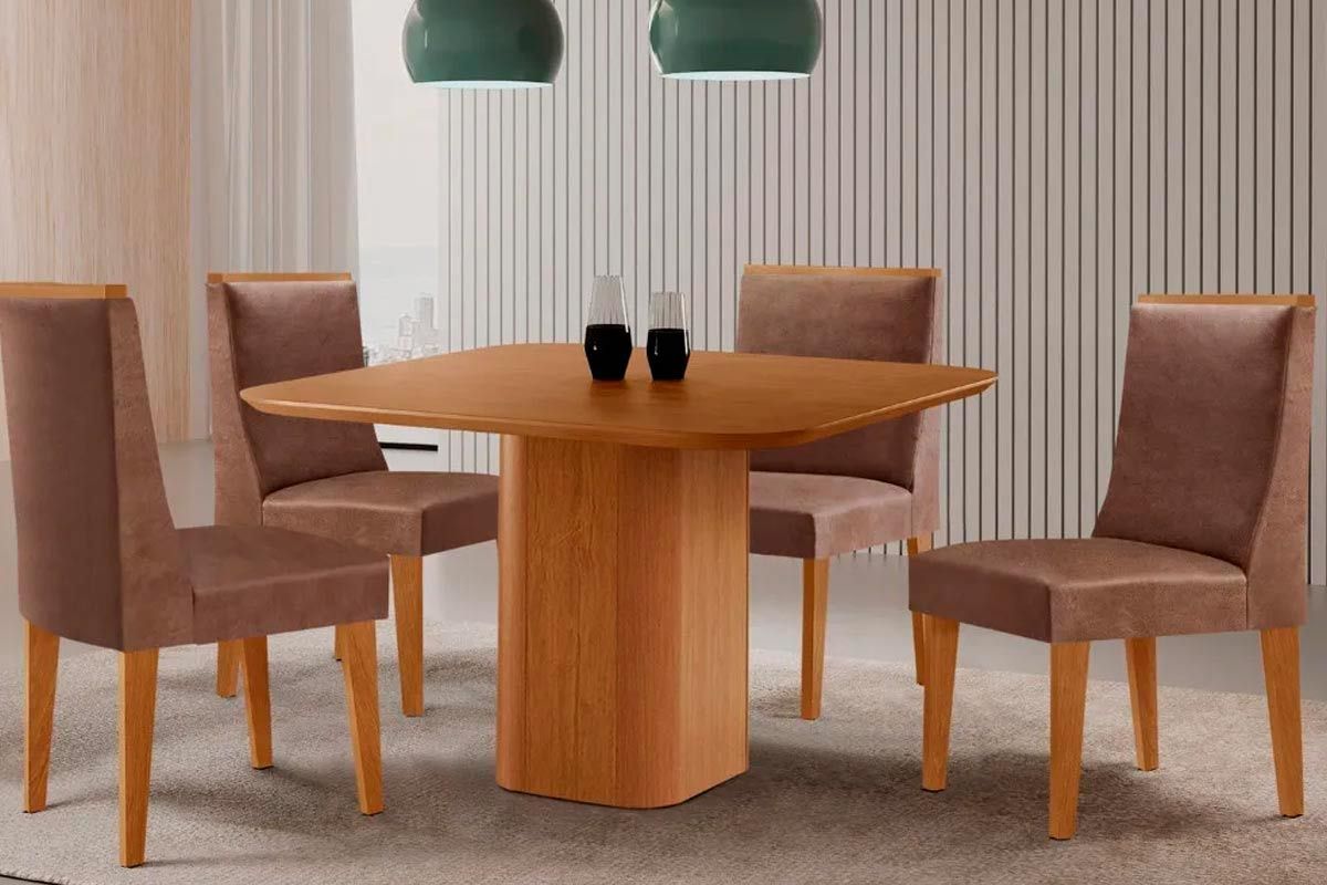 Sala Jantar Mesa Maldivas Tampo Curvo 90cm+4 Cadeiras Dakota Madeira - Rufato