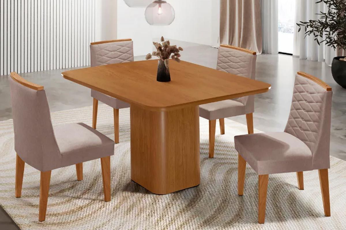 Sala Jantar Mesa Maldivas Tampo Curvo 90cm+4 Cadeiras Maldivas Madeira - Rufato