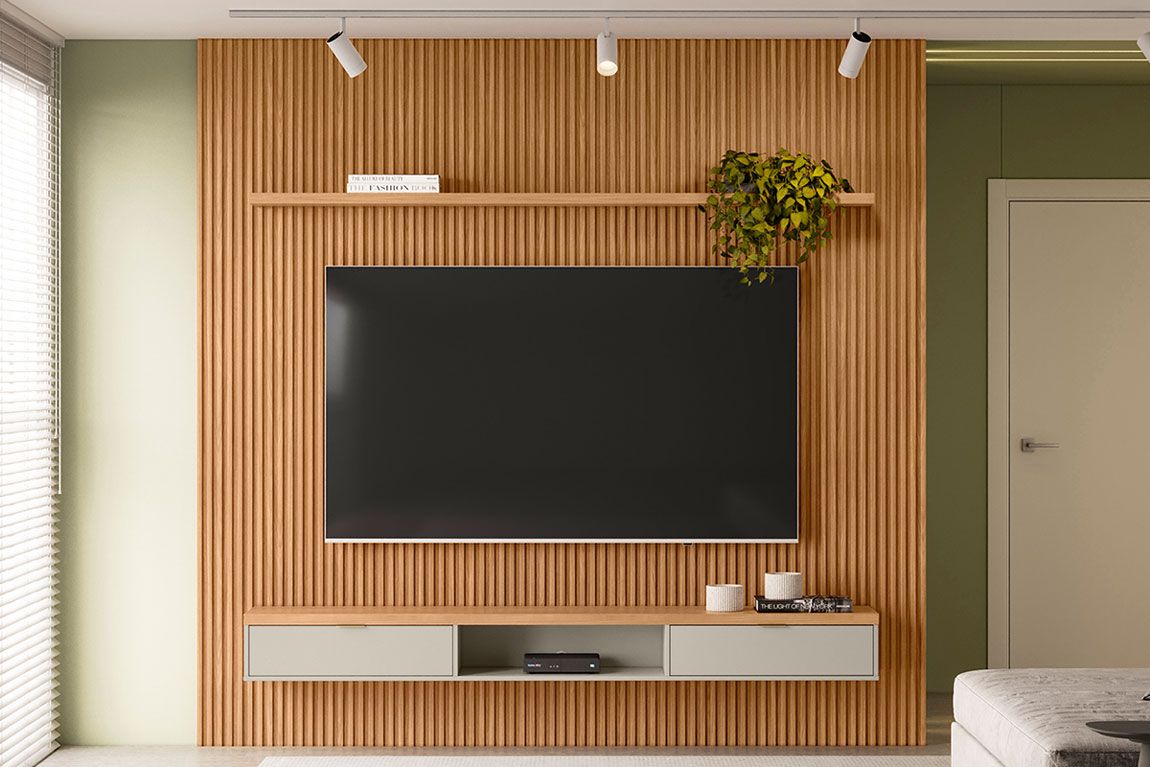 Home p/ TV até 90 Pol Modular 2.6 Ripado c/2 Portas 1 Pratel. 258x250cm Nature/Off White Linea Brasil