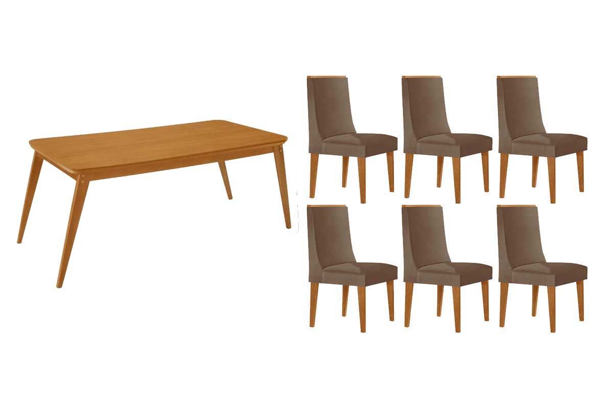 Sala Jantar Mesa Havana Tampo Curvo 180cm+6 Cadeiras Dakota Madeira - Rufato