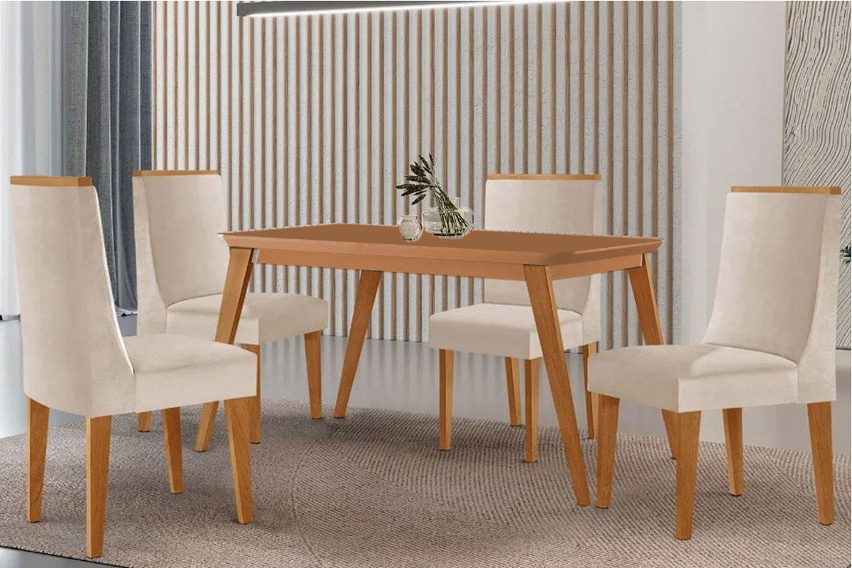 Sala Jantar Mesa Havana Tampo Curvo 120cm+4 Cadeiras Dakota Madeira - Rufato