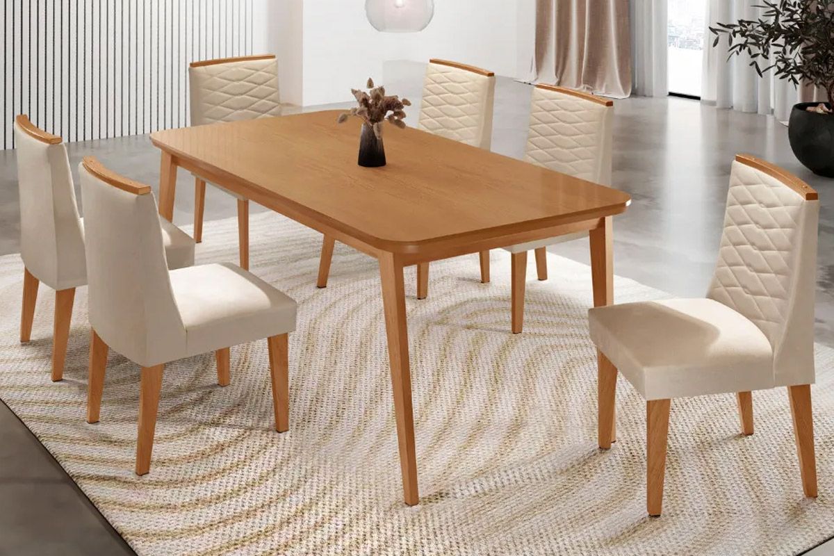 Sala Jantar Mesa Havana Tampo Curvo 180cm+6 Cadeiras Maldivas Madeira - Rufato