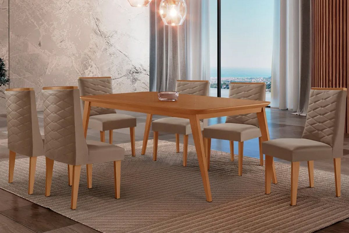 Sala Jantar Mesa Havana Tampo Curvo 180cm+6 Cadeiras Dafne Madeira - Rufato
