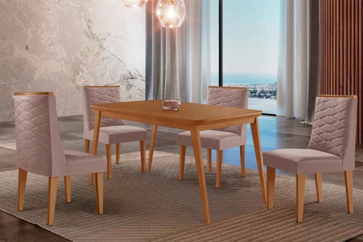 Sala Jantar Mesa Havana Tampo Curvo 120cm+4 Cadeiras Dafne Madeira - Rufato