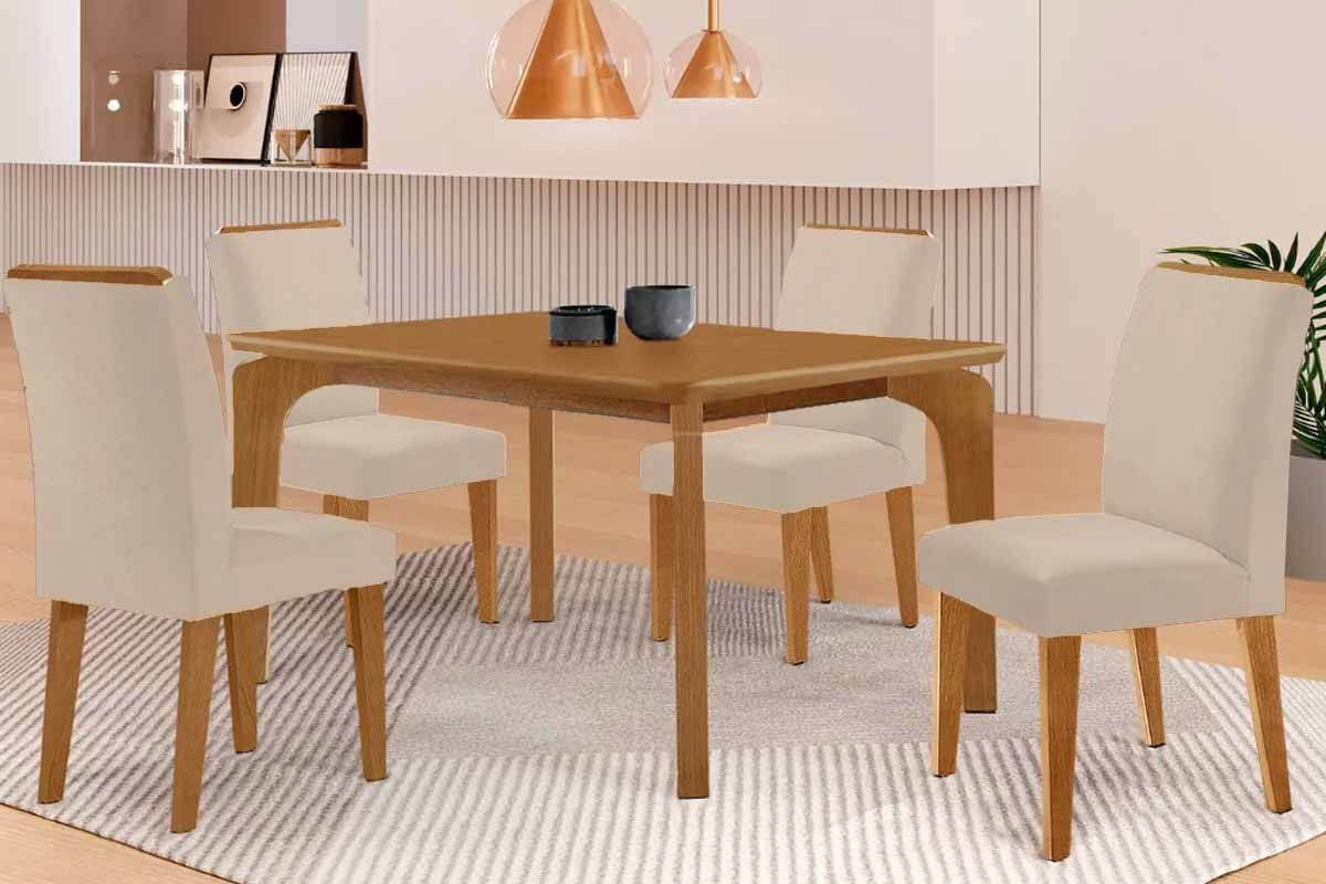 Sala de Jantar Completa Londrina c/ Tampo Madeirado Canto Curvo 120x90cm e 4 Cadeiras Dakota Madeira Maciça - Rufato