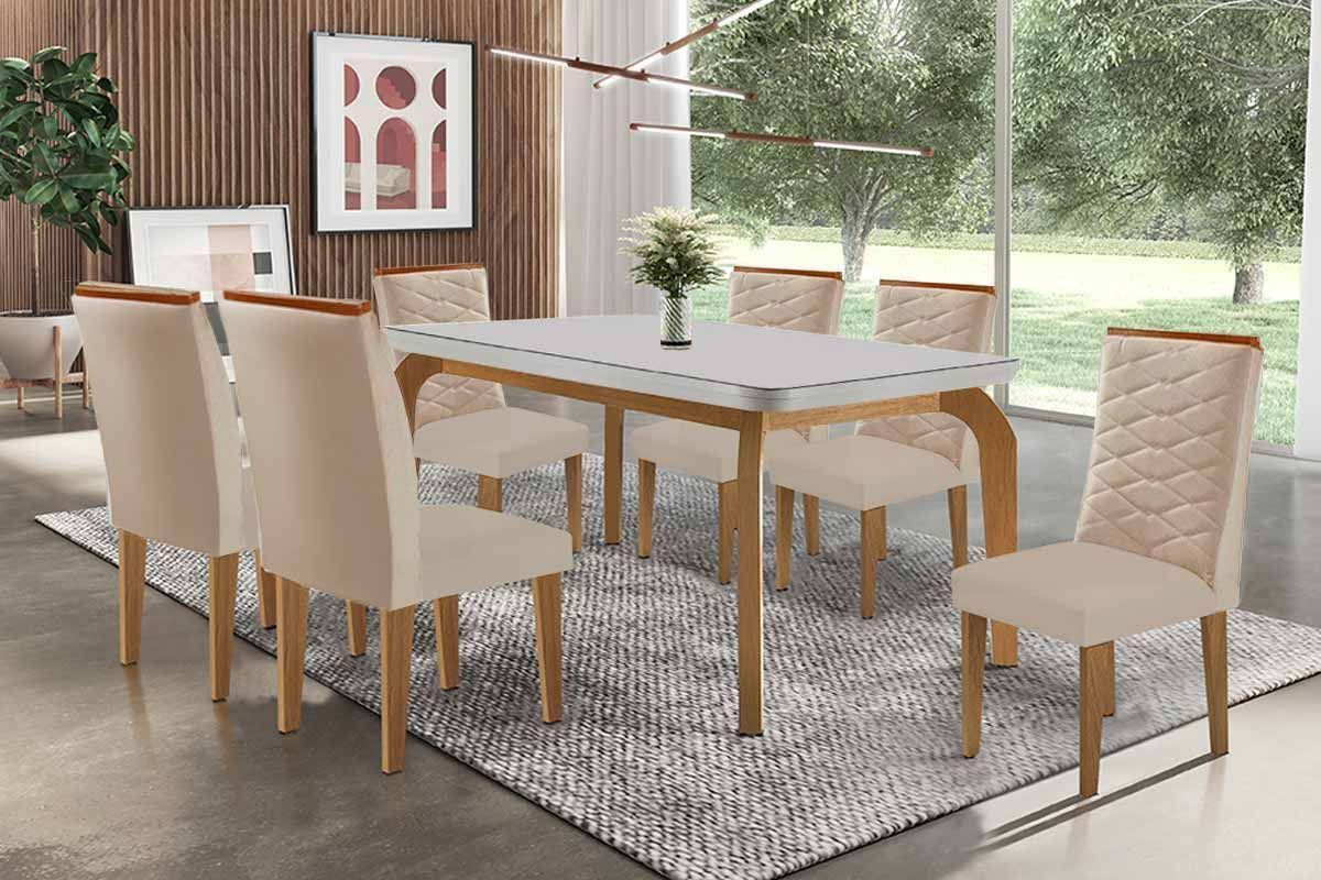 Sala Jantar Mesa Londrina Tampo c/ Vidro Curvo 180cm+6 Cadeiras Maldivas Madeira - Rufato