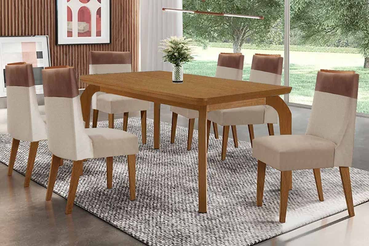 Sala Jantar Mesa Londrina Tampo Curvo 180cm+6 Cadeiras Jaspe Madeira - Rufato