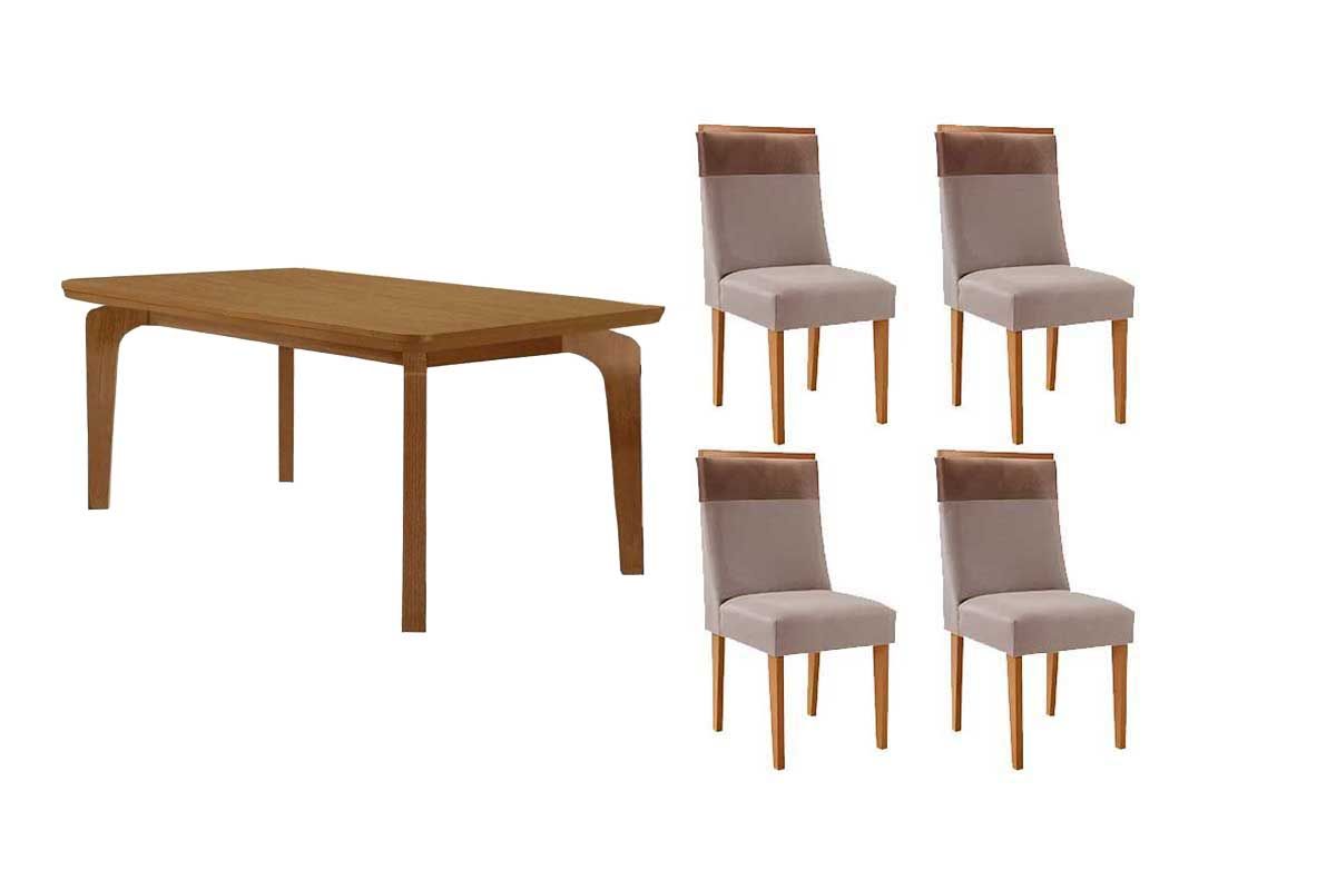 Sala Jantar Mesa Londrina Tampo Curvo 120cm+4 Cadeiras Jaspe Madeira - Rufato