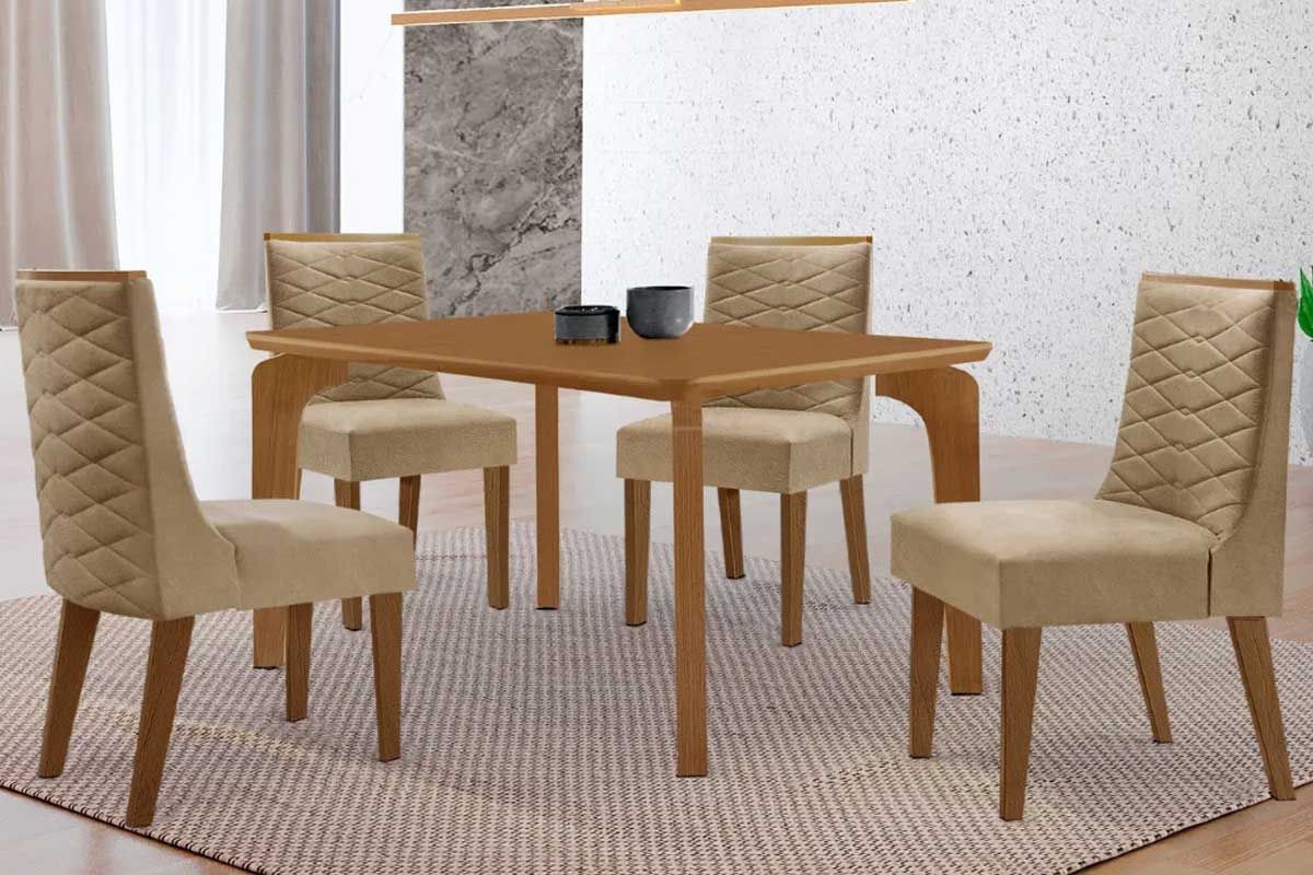 Sala Jantar Mesa Londrina Tampo Curvo 120cm+4 Cadeiras Dafne Madeira - Rufato