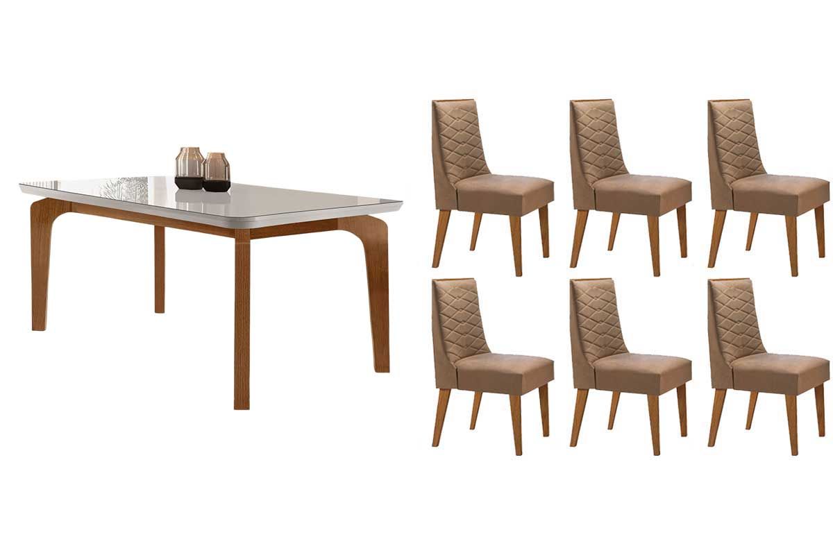 Sala Jantar Mesa Londrina Tampo c/ Vidro Curvo 180cm+6 Cadeiras Dafne Madeira - Rufato