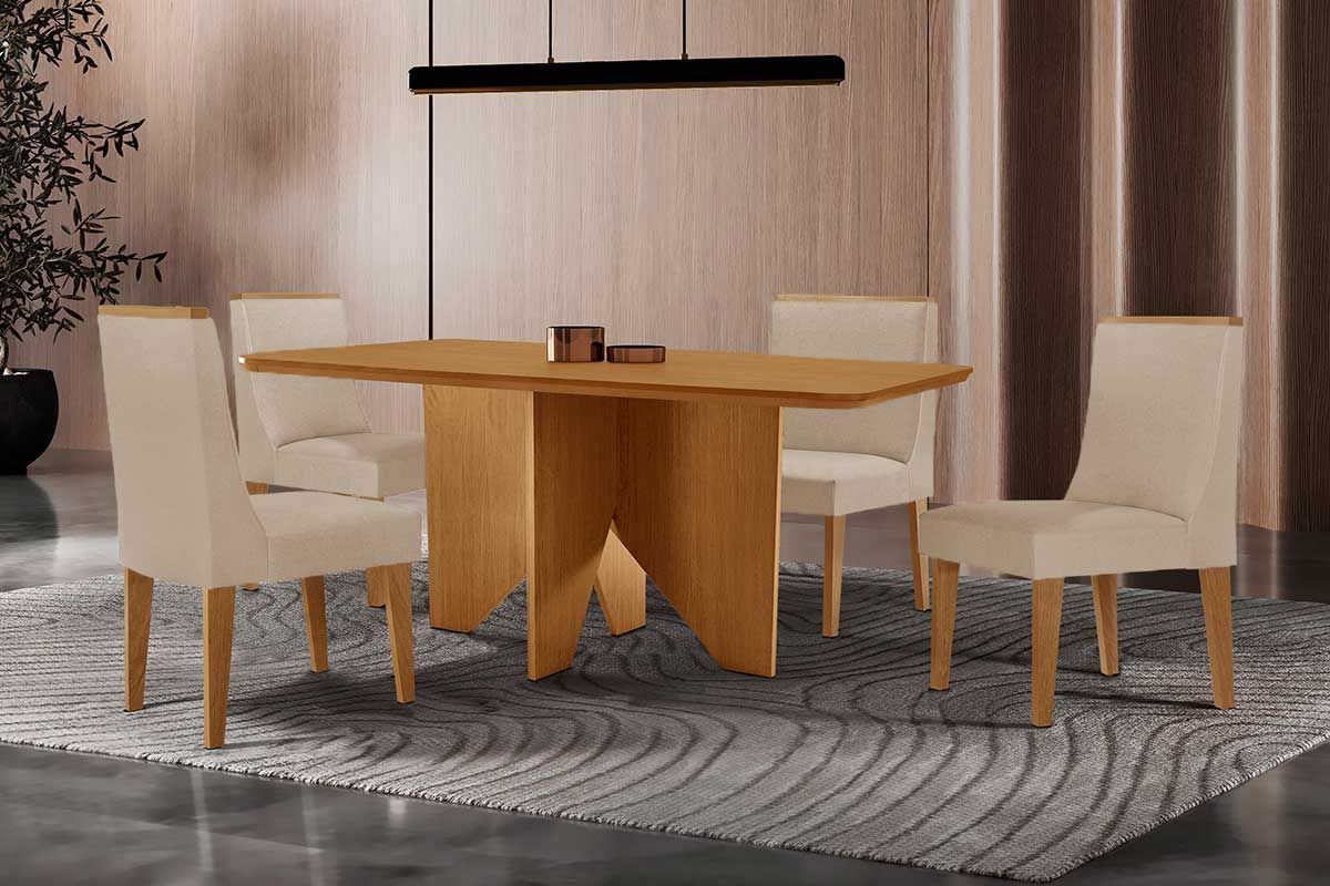 Sala Jantar Mesa Nevada Tampo Curvo 120cm+4 Cadeiras Dakota Madeira - Rufato
