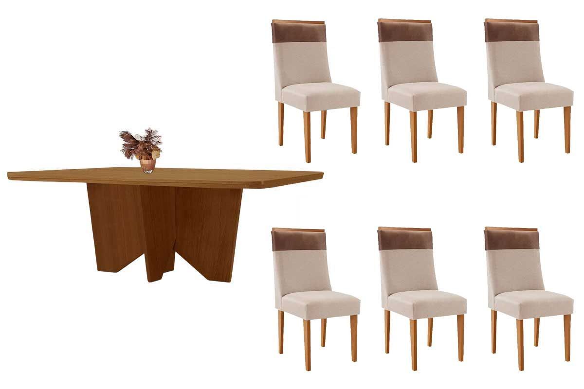 Sala Jantar Mesa Nevada Tampo Curvo 180cm+6 Cadeiras Jaspe Madeira - Rufato