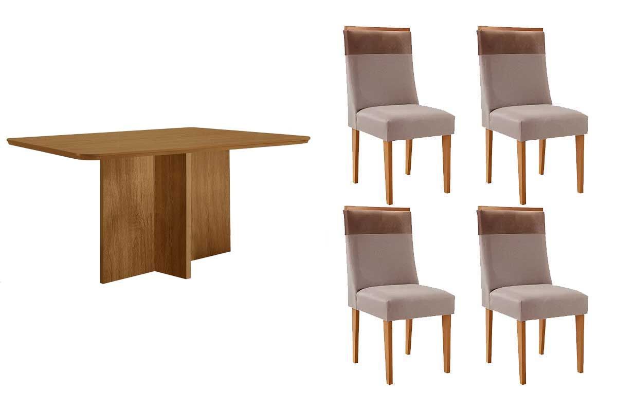 Sala Jantar Mesa Berlim Tampo Curvo 120cm+4 Cadeiras Jaspe Madeira - Rufato
