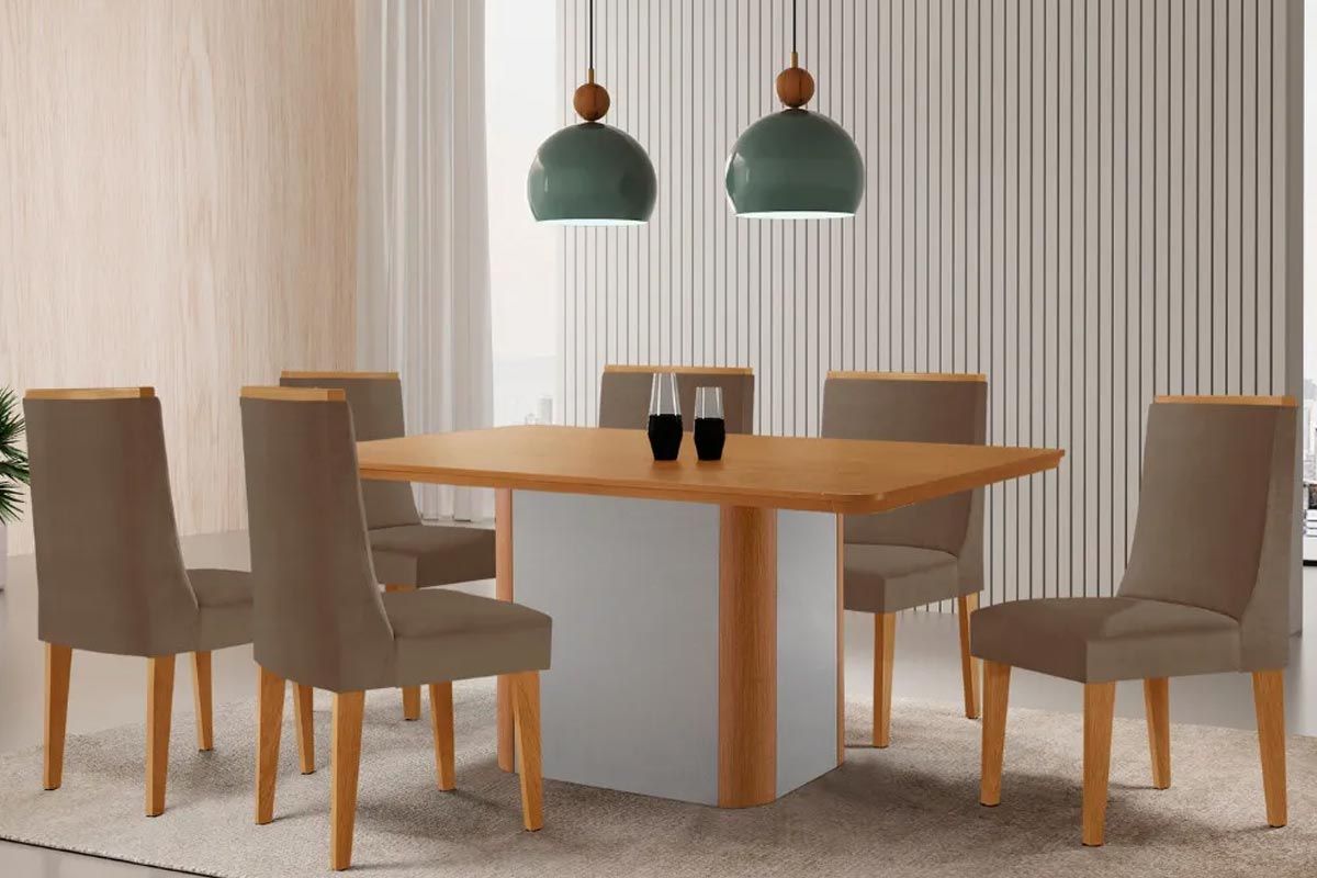 Sala Jantar Mesa Pietá Tampo Curvo 180cm+6 Cadeiras Dakota Madeira - Rufato