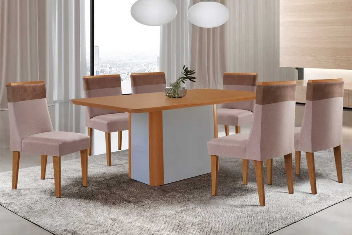 Sala Jantar Mesa Pietá Tampo Curvo 180cm+6 Cadeiras Jaspe Madeira - Rufato