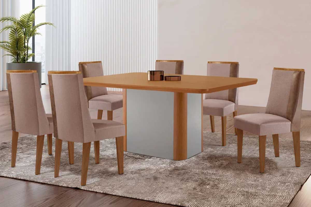 Sala Jantar Mesa Pietá Tampo Curvo 180cm+6 Cadeiras Tilia Madeira - Rufato