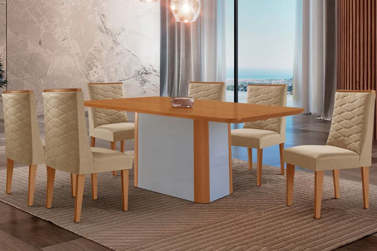 Sala Jantar Mesa Pietá Tampo Curvo 180cm+6 Cadeiras Dafne Madeira - Rufato