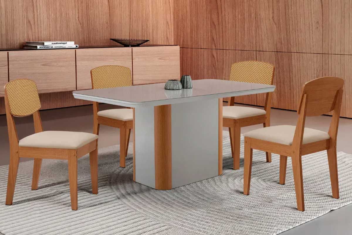 Sala de Jantar Completa Pietá c/ Tampo Madeirado c/ Vidro Canto Curvo 120x80cm e 4 Cadeiras Havana Premium - Rufato