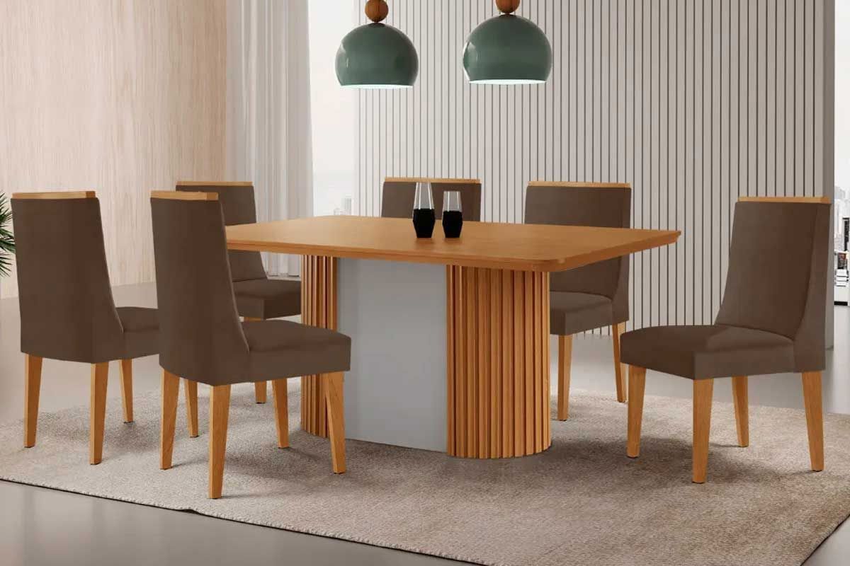 Sala de Jantar Completa Pilar c/ Tampo Madeirado Canto Curvo 180x90cm e 6 Cadeiras Dakota Madeira Maciça - Rufato