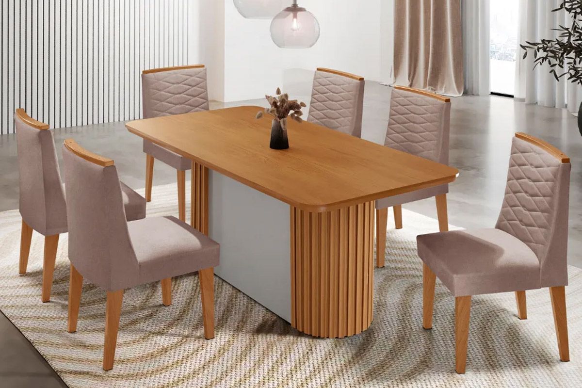 Sala de Jantar Completa Pilar c/ Tampo Madeirado Canto Curvo 180x90cm e 6 Cadeiras Maldivas Madeira Maciça - Rufato