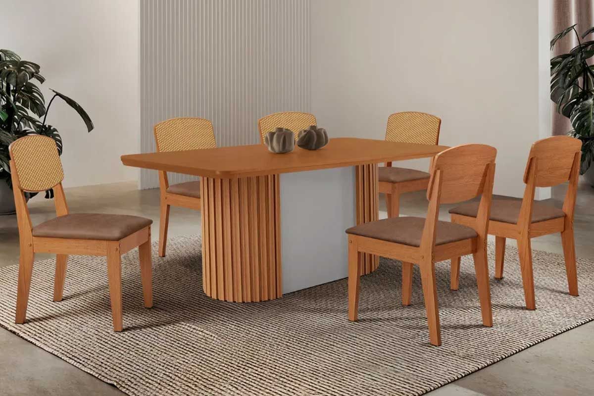 Sala de Jantar Completa Pilar c/ Tampo Madeirado Canto Curvo 180x90cm e 6 Cadeiras Havana Premium - Rufato